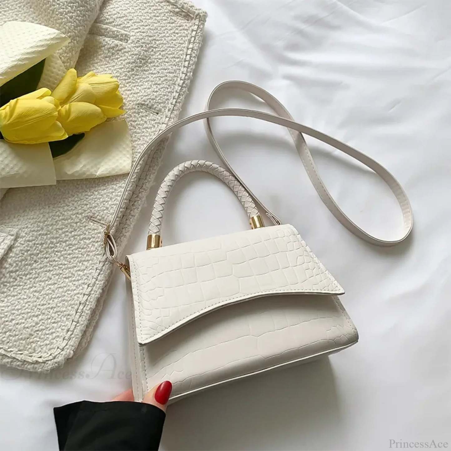 Solid Color PU Leather Designer Crossbody Handbag White handbag-250126