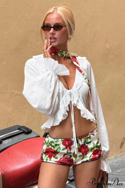 Solid Color Ruffled Tie Long Sleeve Blouse White / S