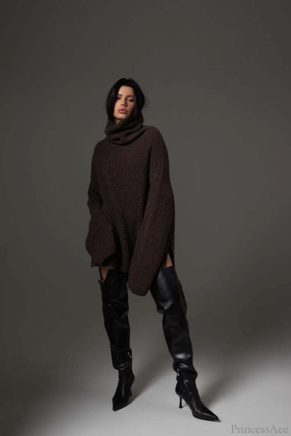 Solid Color Simple Turtleneck Pullover Mid length Knit Sweater