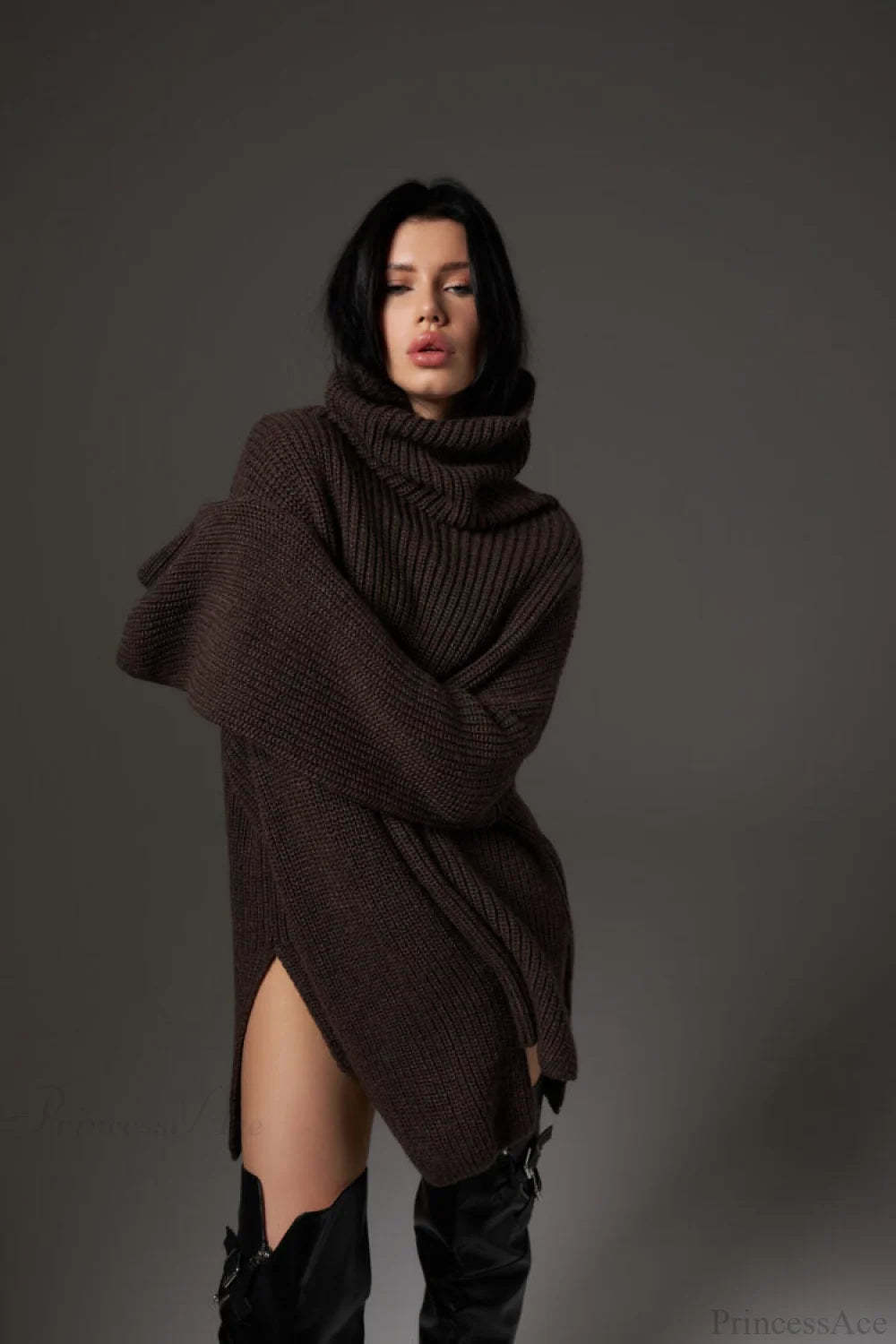Solid Color Simple Turtleneck Pullover Mid length Knit Sweater