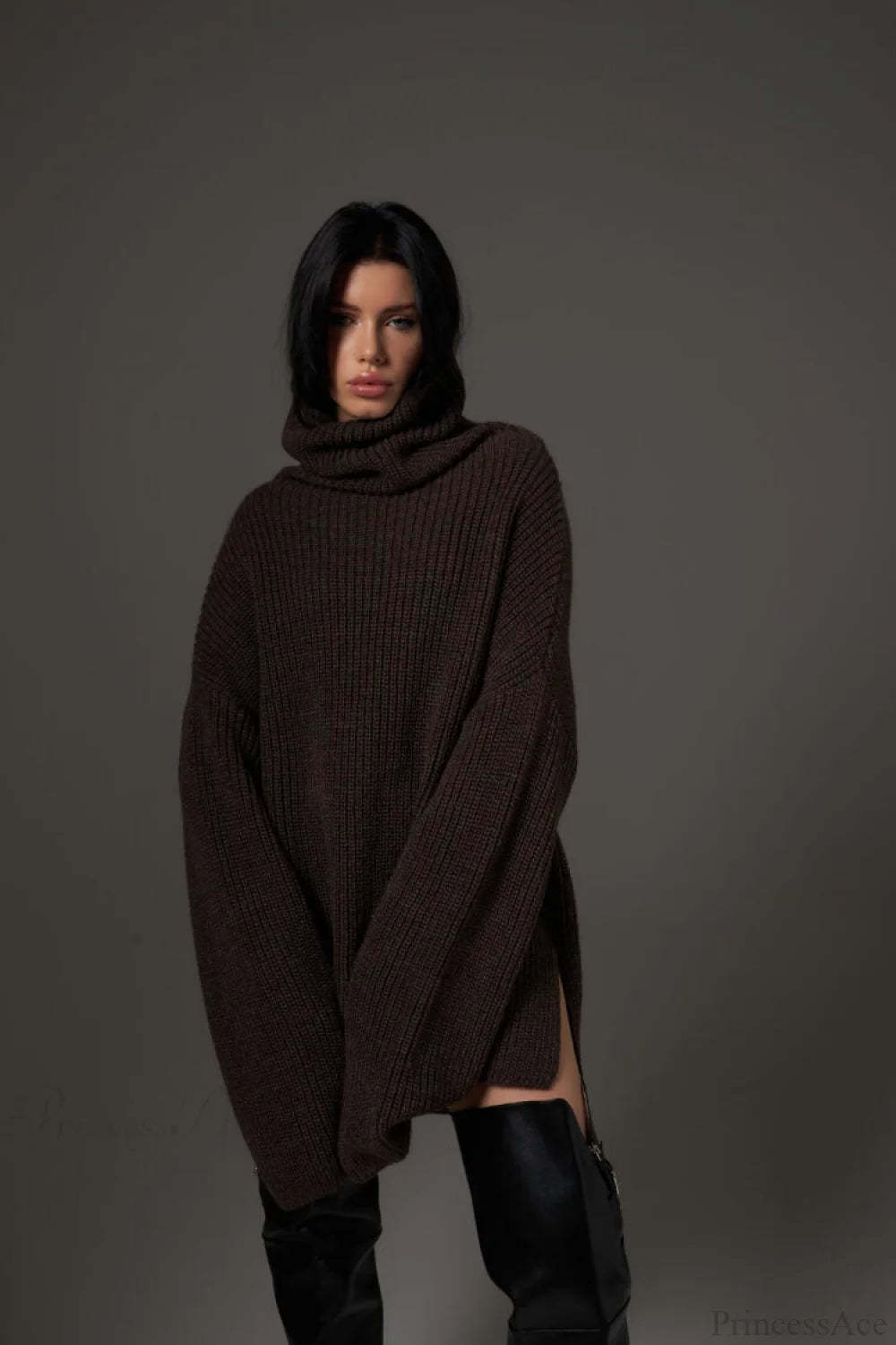 Solid Color Simple Turtleneck Pullover Mid length Knit Sweater Brown / S