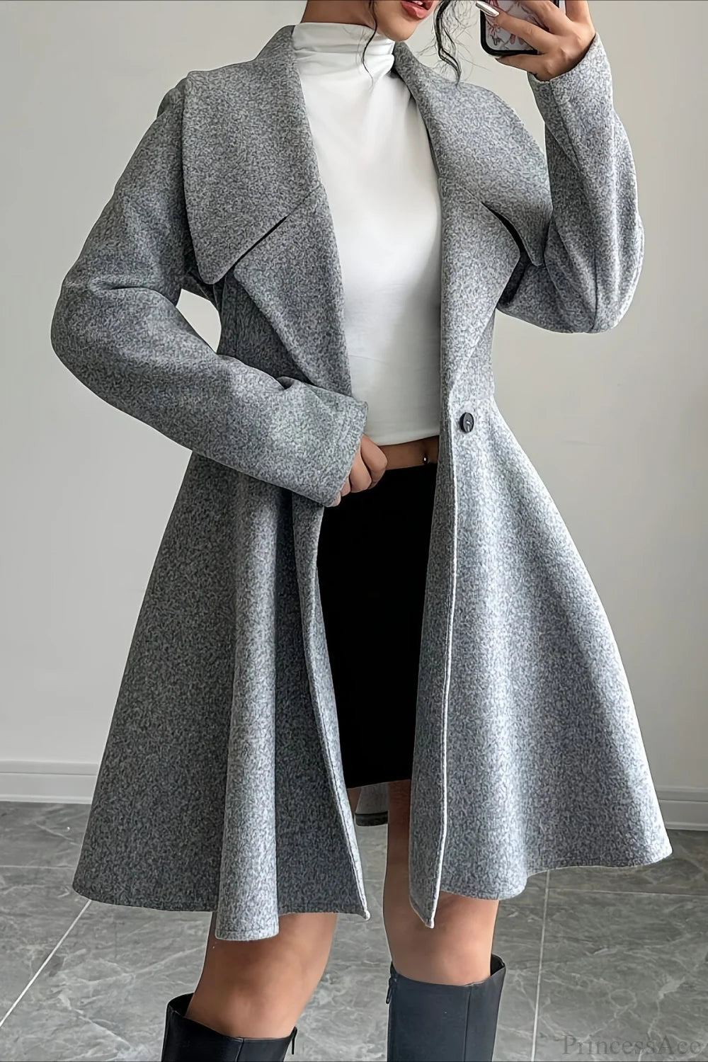 Solid Color Wool Tie Waist Elegant Long Sleeve Overcoat