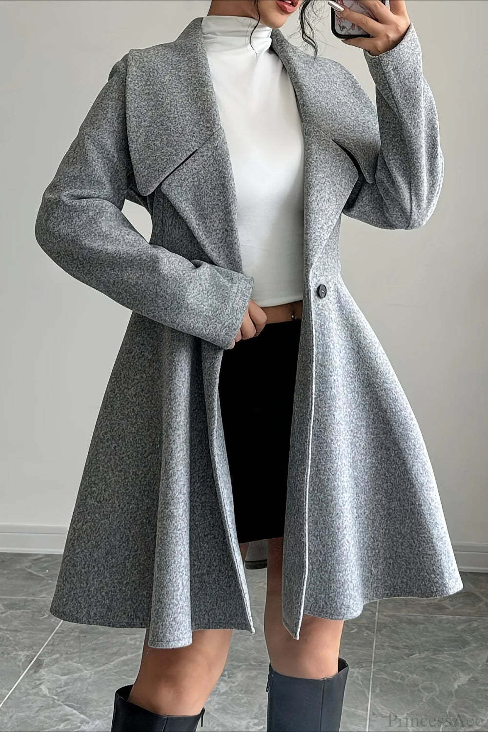 Solid Color Wool Tie Waist Elegant Long Sleeve Overcoat