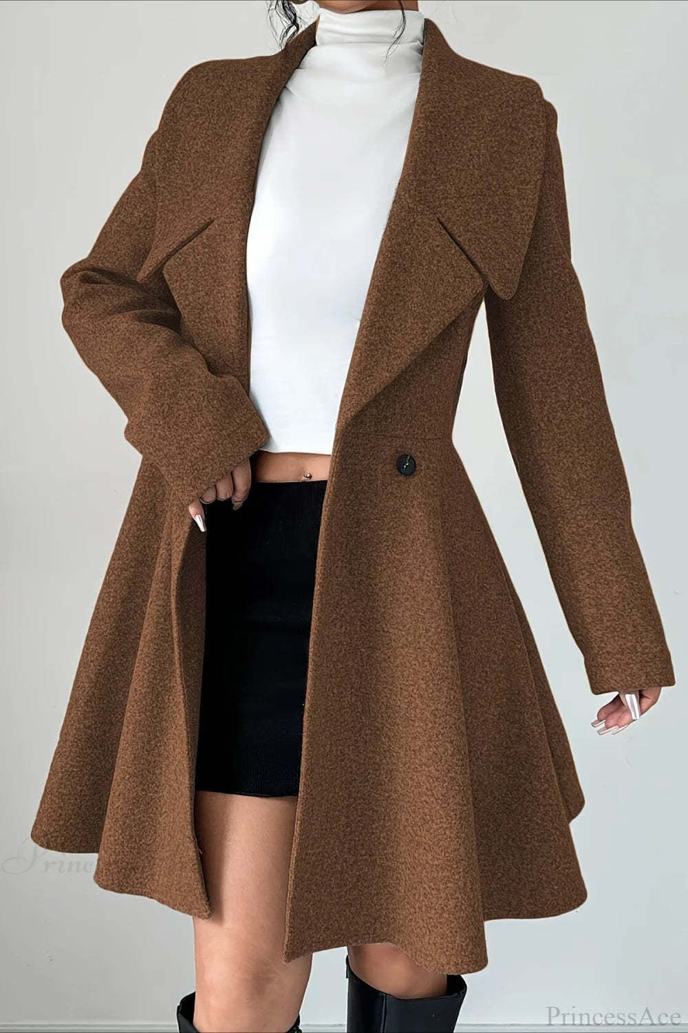 Solid Color Wool Tie Waist Elegant Long Sleeve Overcoat