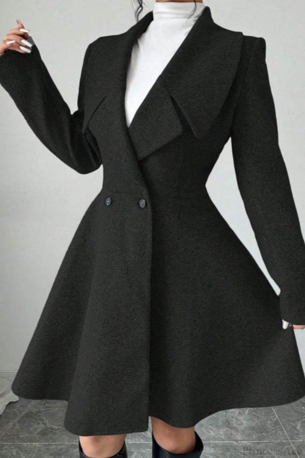 Solid Color Wool Tie Waist Elegant Long Sleeve Overcoat Black / S