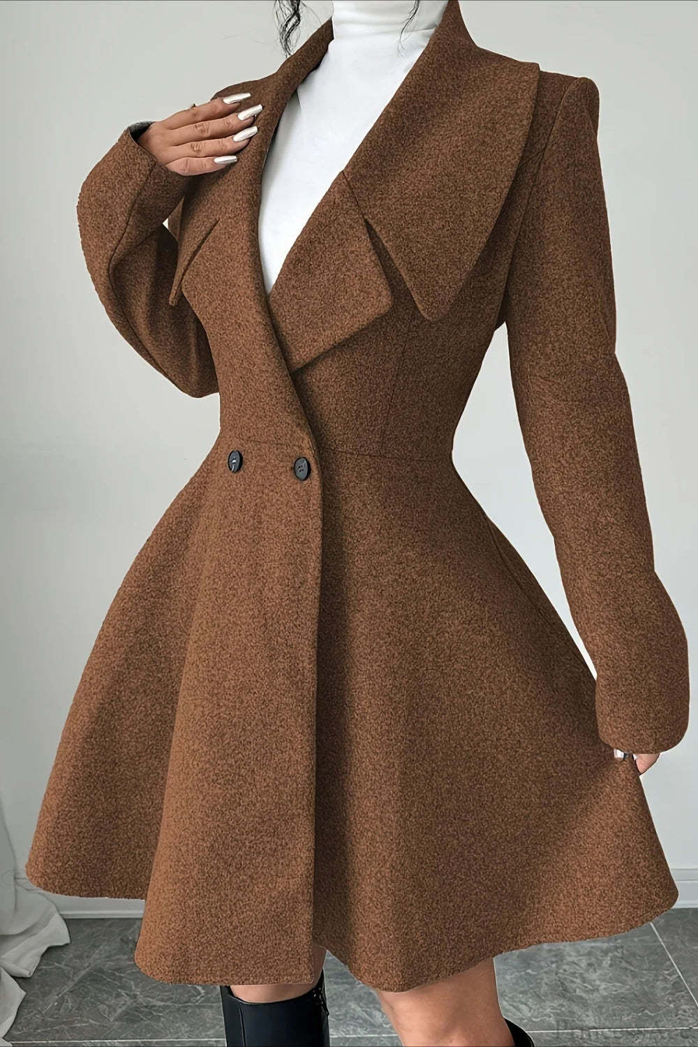 Solid Color Wool Tie Waist Elegant Long Sleeve Overcoat Dark brown / S