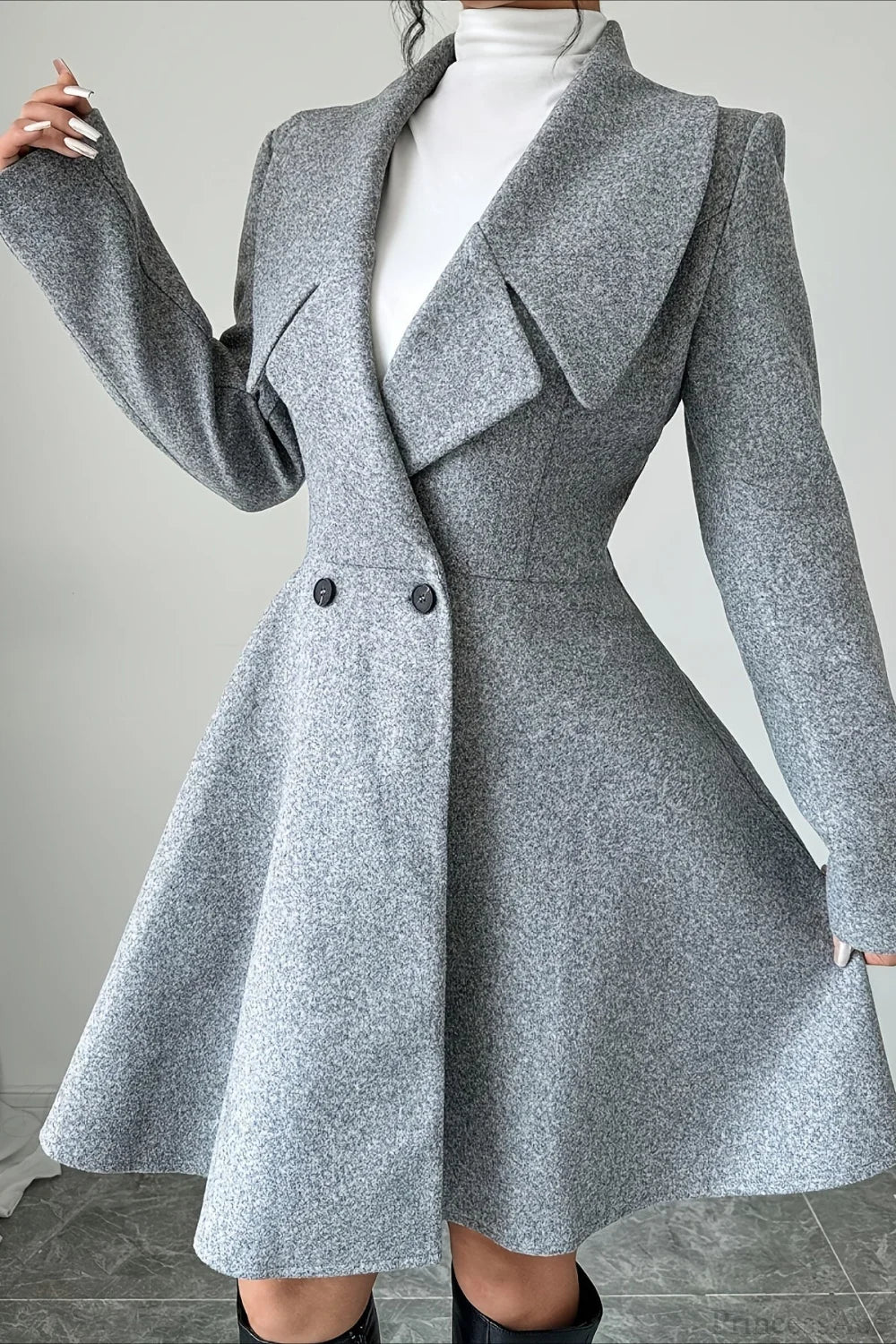 Solid Color Wool Tie Waist Elegant Long Sleeve Overcoat Grey / S