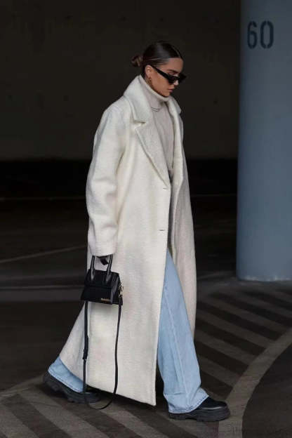 Solid Elegant Minimalist Warm Notched Collar Teddy Overcoat