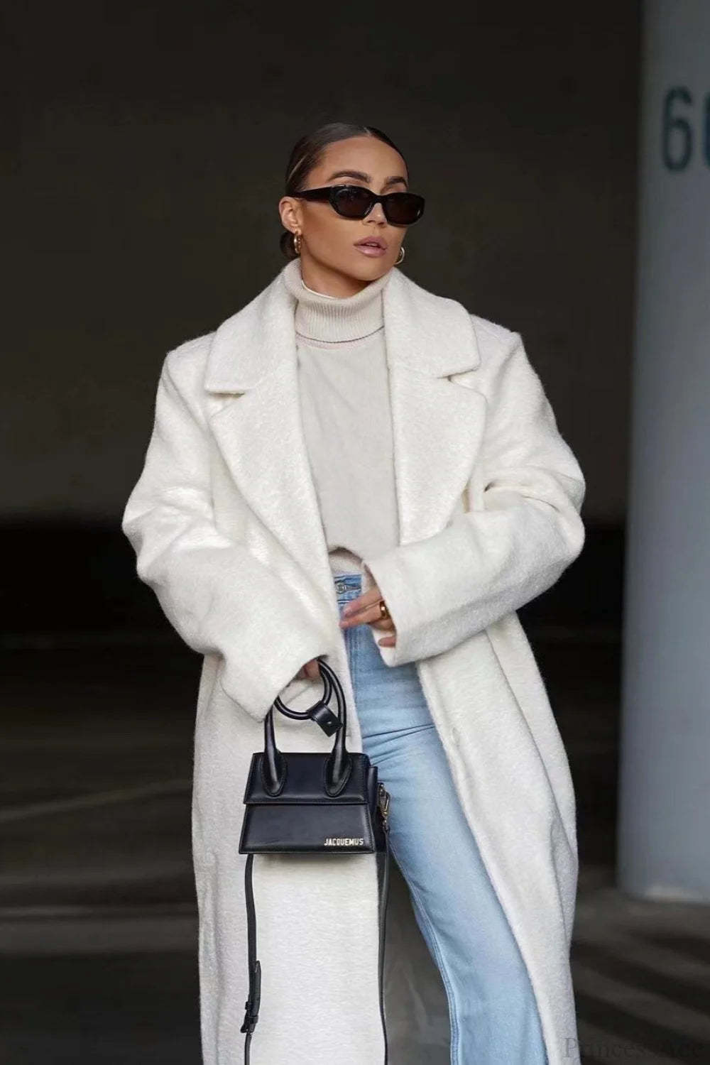 Solid Elegant Minimalist Warm Notched Collar Teddy Overcoat Beige / S