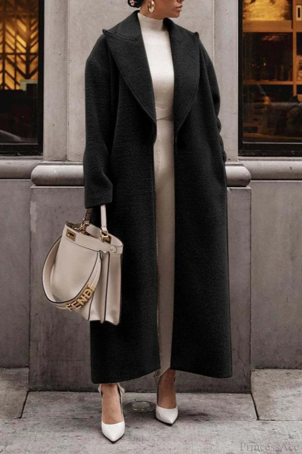 Solid Elegant Minimalist Warm Notched Collar Teddy Overcoat Black / S
