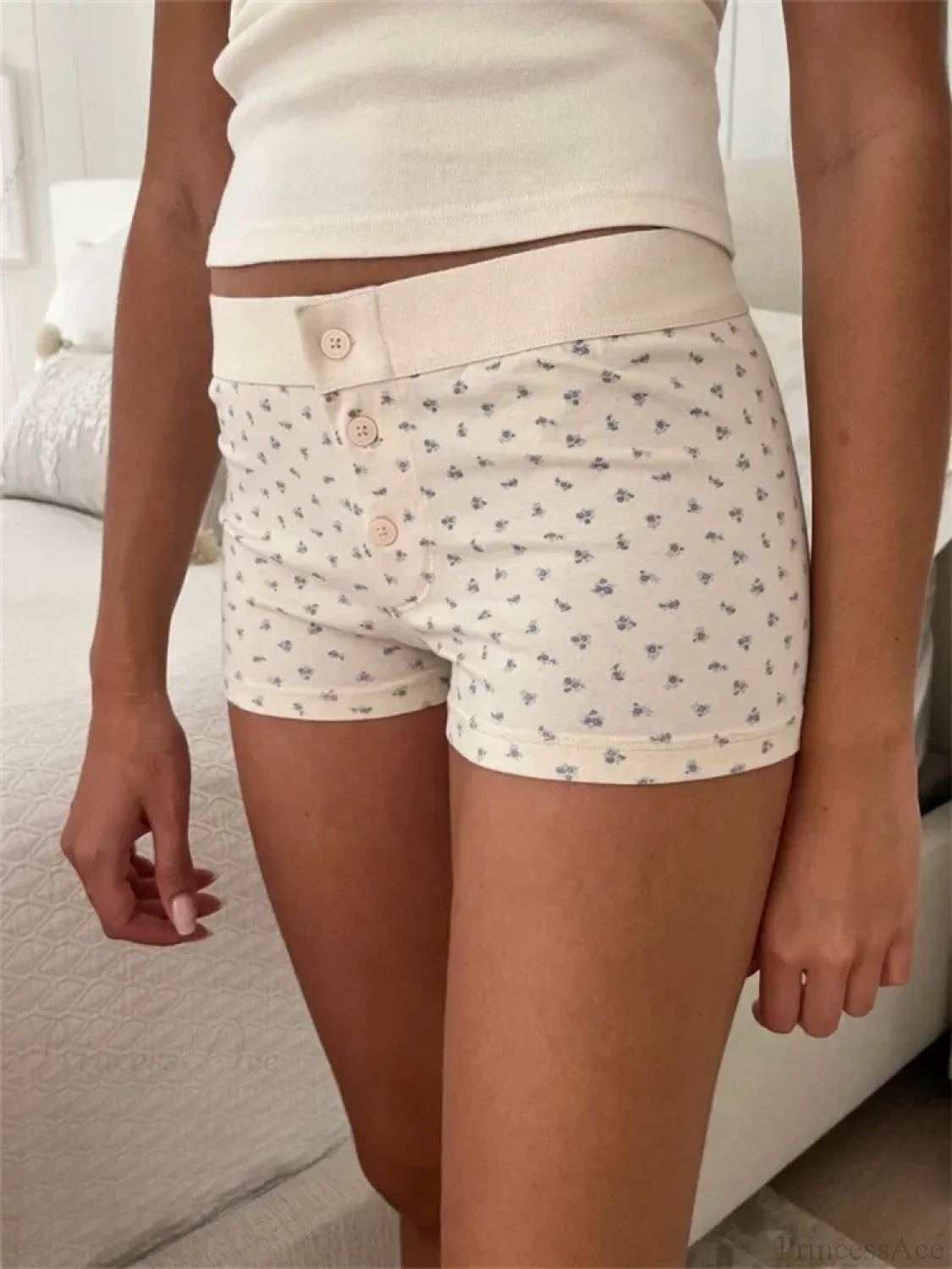 Solid Heart Print Elastic Short white1 / S short-250223