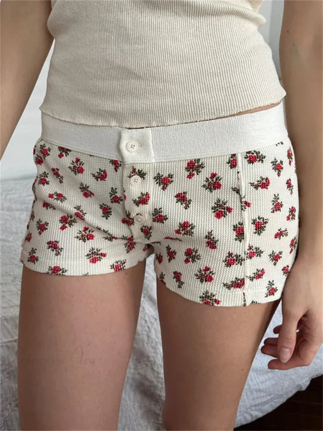Solid Heart Print Elastic Short white4 / S short-250223