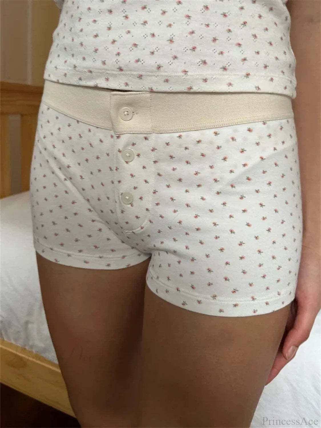 Solid Heart Print Elastic Short white9 / S short-250223