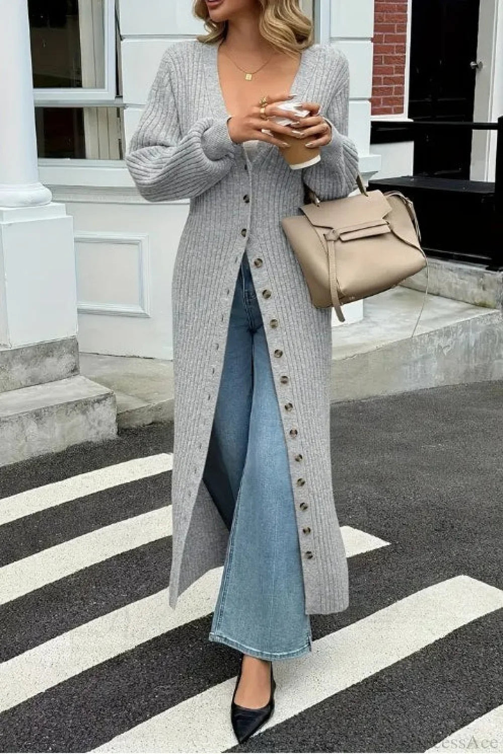Solid Knit Open Front Loose Casual Longline Overcoat Light gray / S