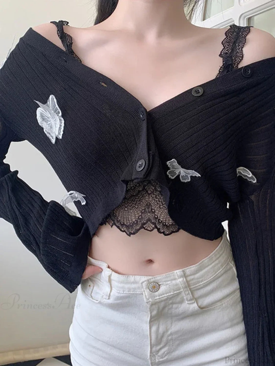 Solid Lantern Sleeve Button Down Knit Cardigan Black / One Size cardiagn-250126