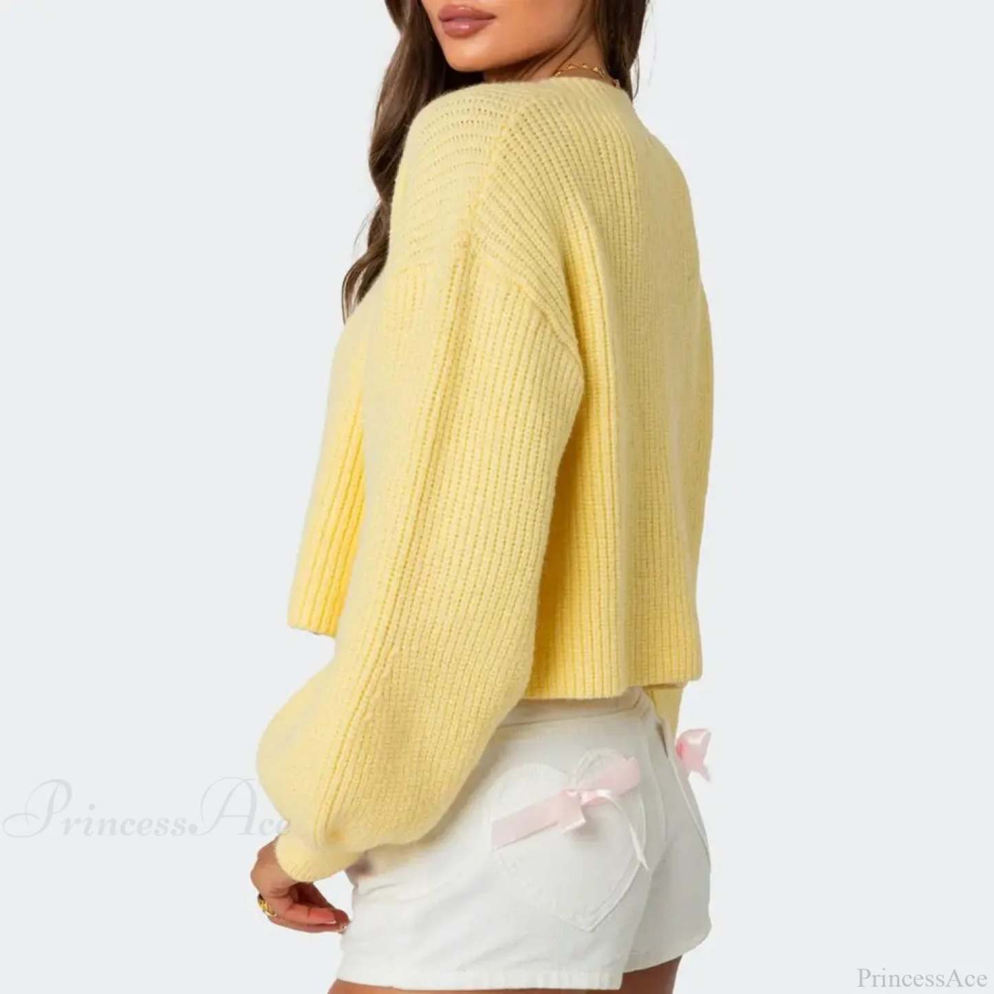Solid Lantern Sleeve Button Down Knit Cardigan cardiagn-250126