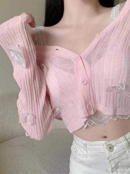 Solid Lantern Sleeve Button Down Knit Cardigan Pink / One Size cardiagn-250126