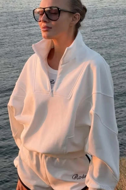 Solid Minimalist Relaxed Stand Collar Half-Zip Sweatshirts White / S