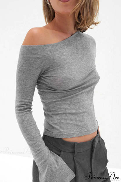 Solid One Shoulder Ruched Split Long Sleeve Tee