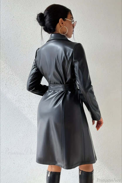 Solid PU Leather Slim-Fit Overcoat