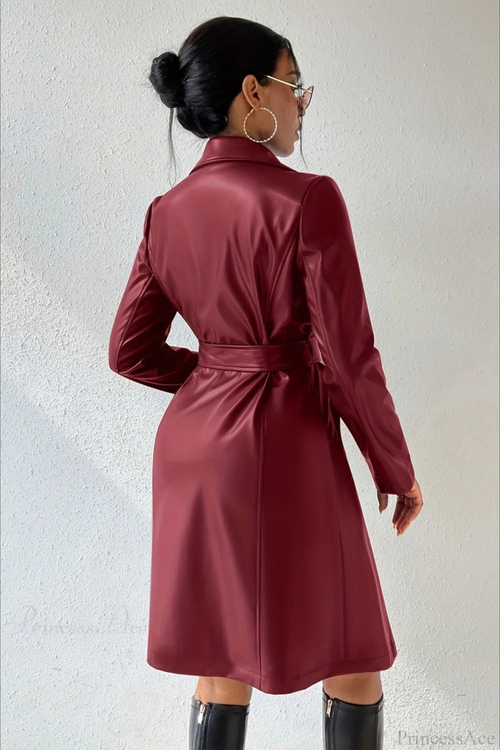 Solid PU Leather Slim-Fit Overcoat