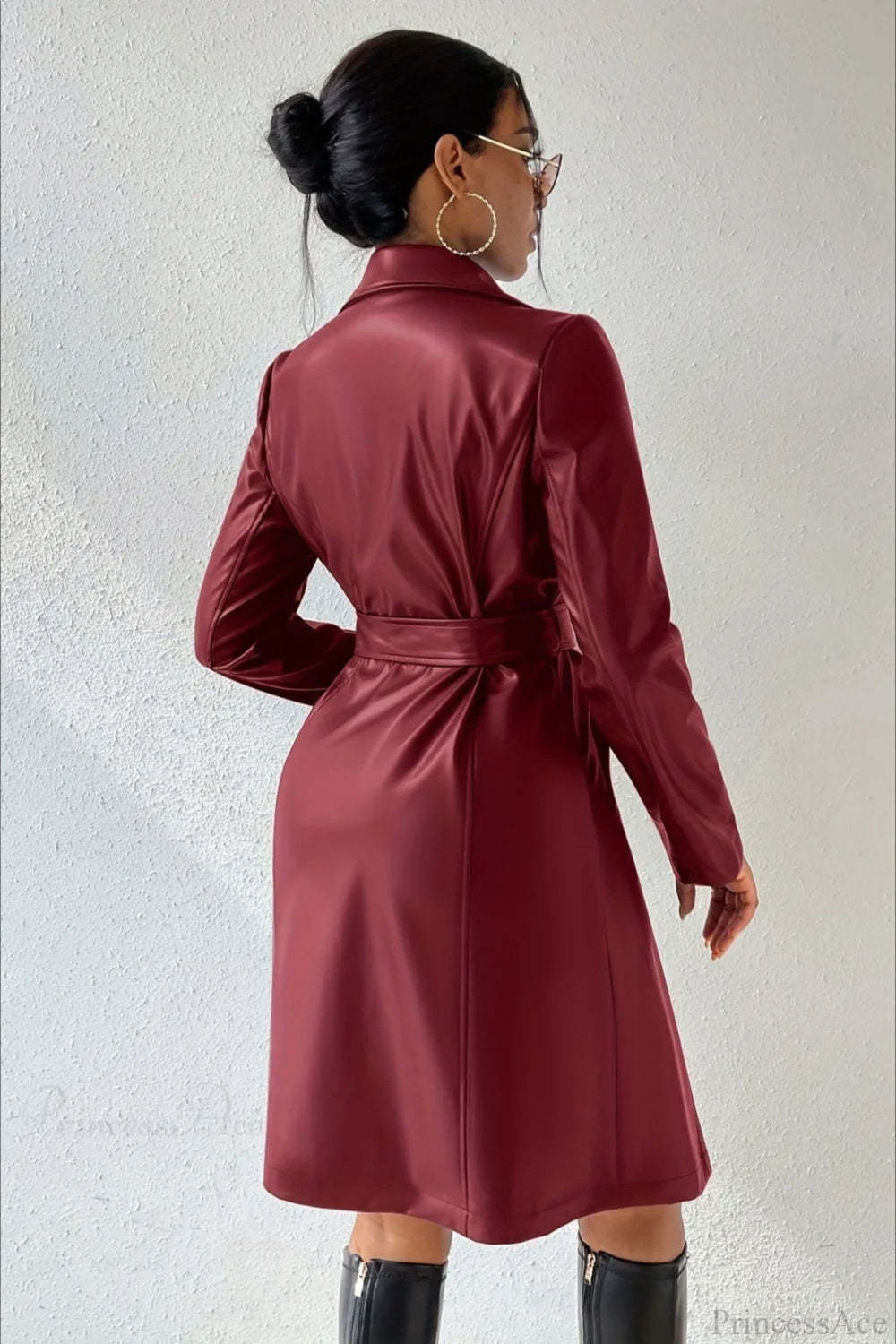 Solid PU Leather Slim-Fit Overcoat