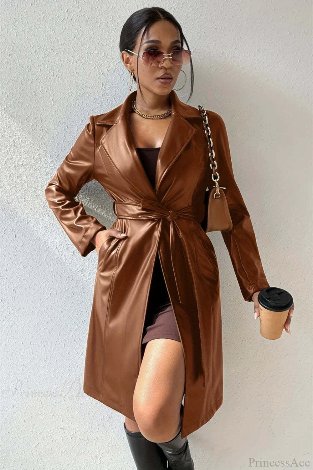 Solid PU Leather Slim-Fit Overcoat Brown / S