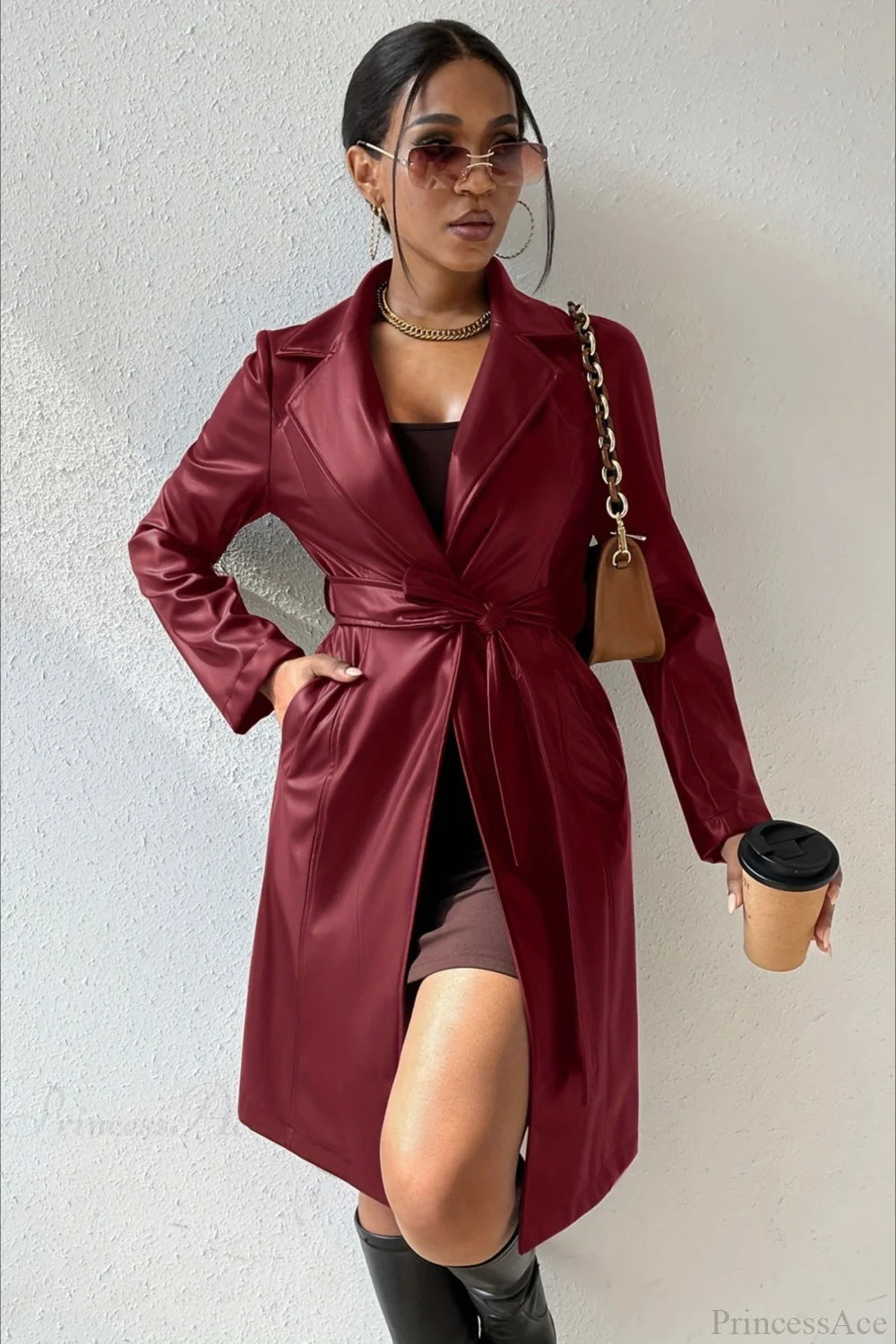 Solid PU Leather Slim-Fit Overcoat Red / S