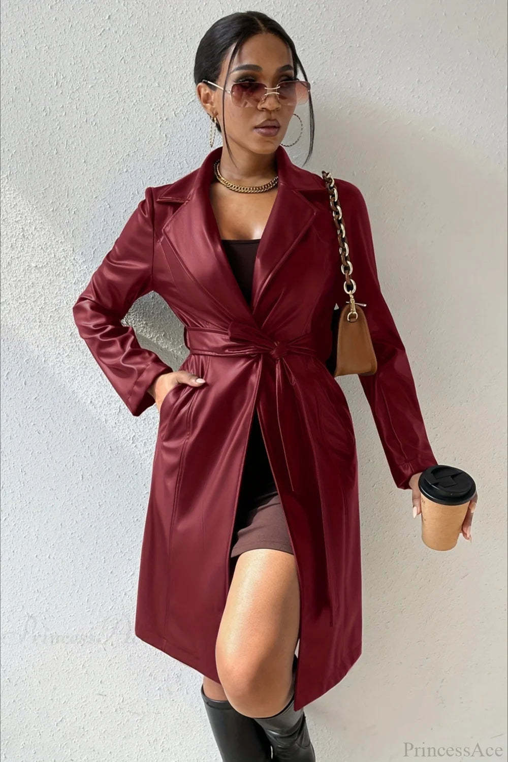 Solid PU Leather Slim-Fit Overcoat Red / S