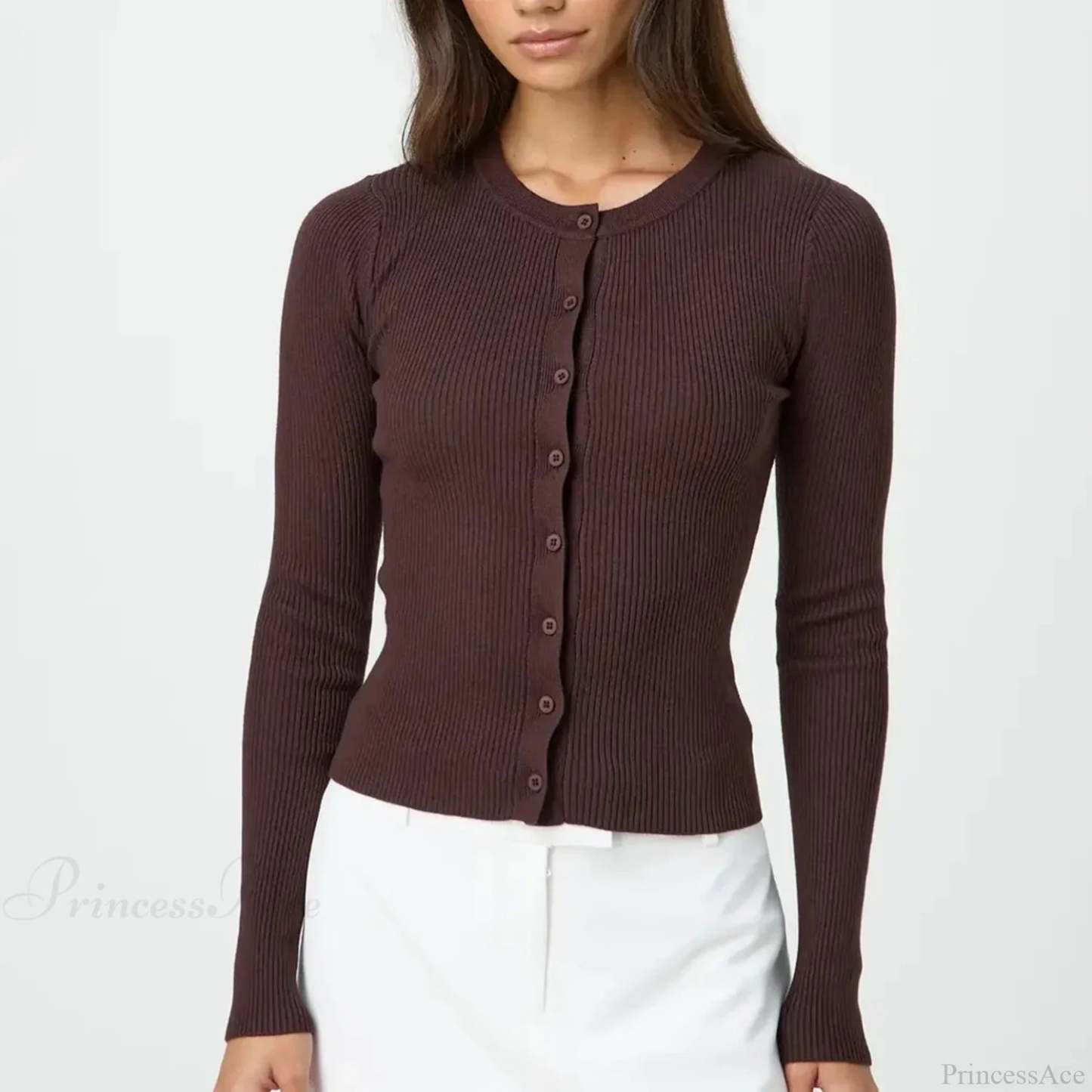 Solid Ribbed Button Up Slim Knit Cardigan Brown / S cardiagn-250126