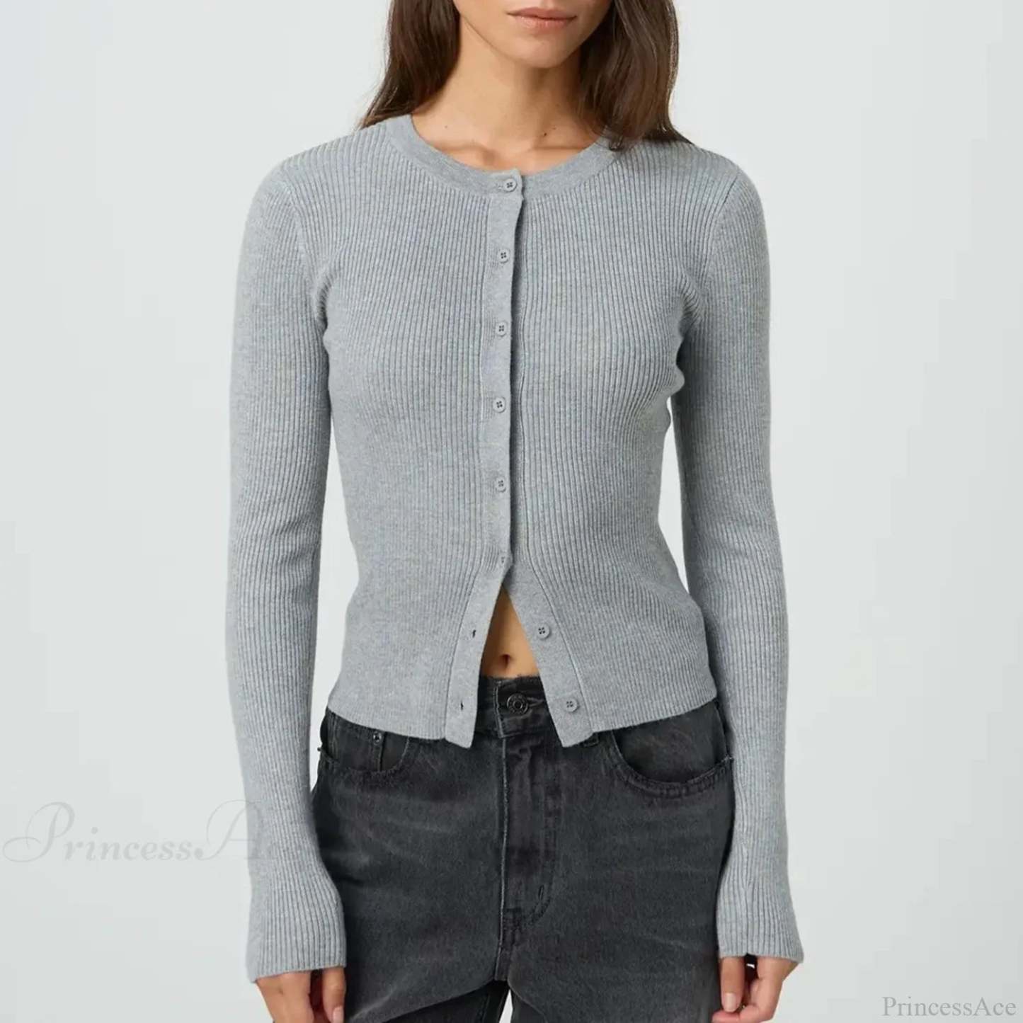 Solid Ribbed Button Up Slim Knit Cardigan GRAY / S cardiagn-250126