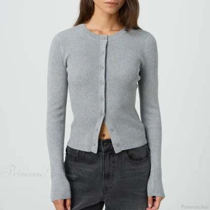 Solid Ribbed Button Up Slim Knit Cardigan GRAY / S cardiagn-250126