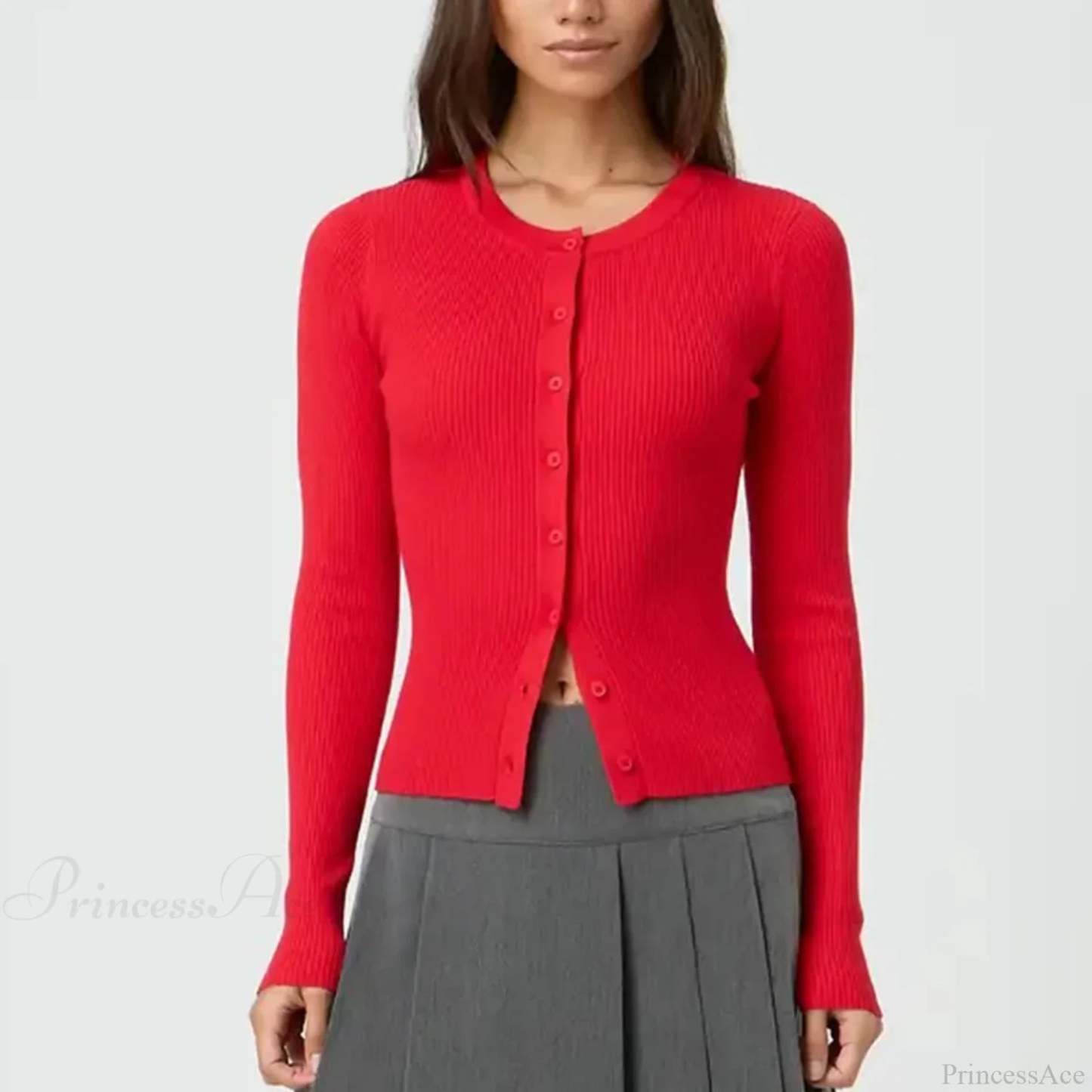 Solid Ribbed Button Up Slim Knit Cardigan Red / S cardiagn-250126