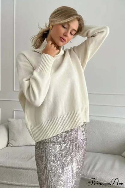 Solid Thick Short Turtleneck Loose Sweater Beige / M