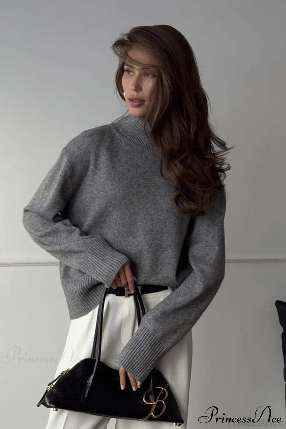 Solid Thick Short Turtleneck Loose Sweater Grey / M