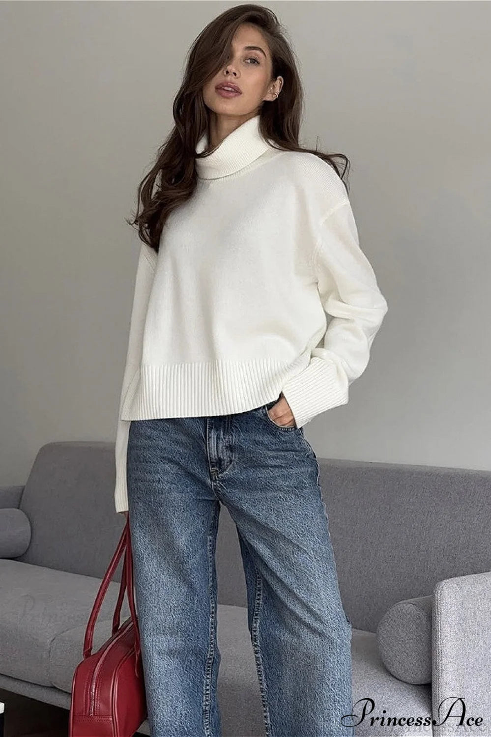 Solid Thick Short Turtleneck Loose Sweater White / M