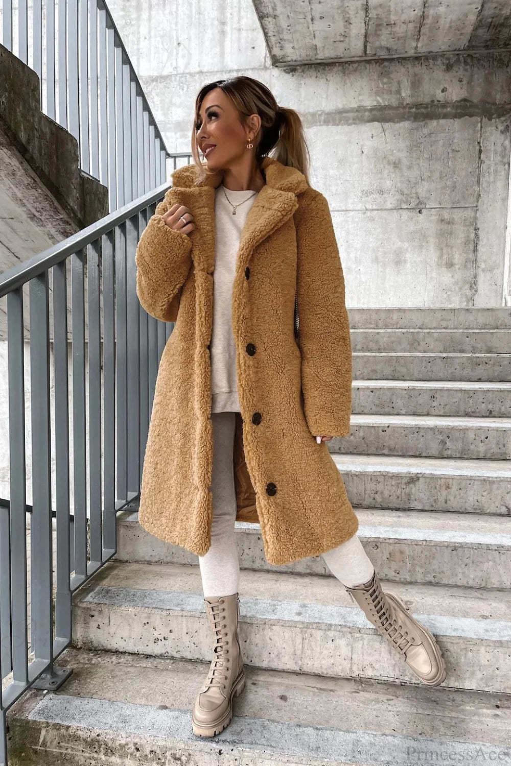 Solid Warm Faux Fur Lapel Overcoat