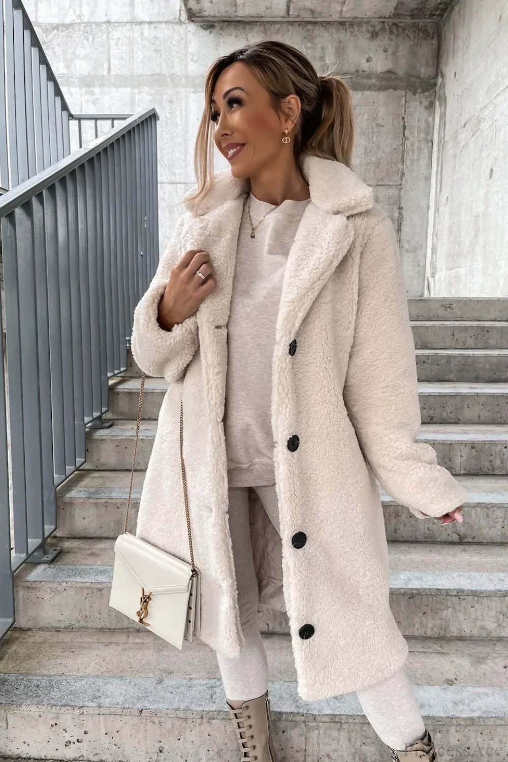 Solid Warm Faux Fur Lapel Overcoat