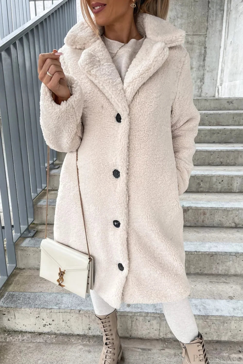 Solid Warm Faux Fur Lapel Overcoat Apricot / S