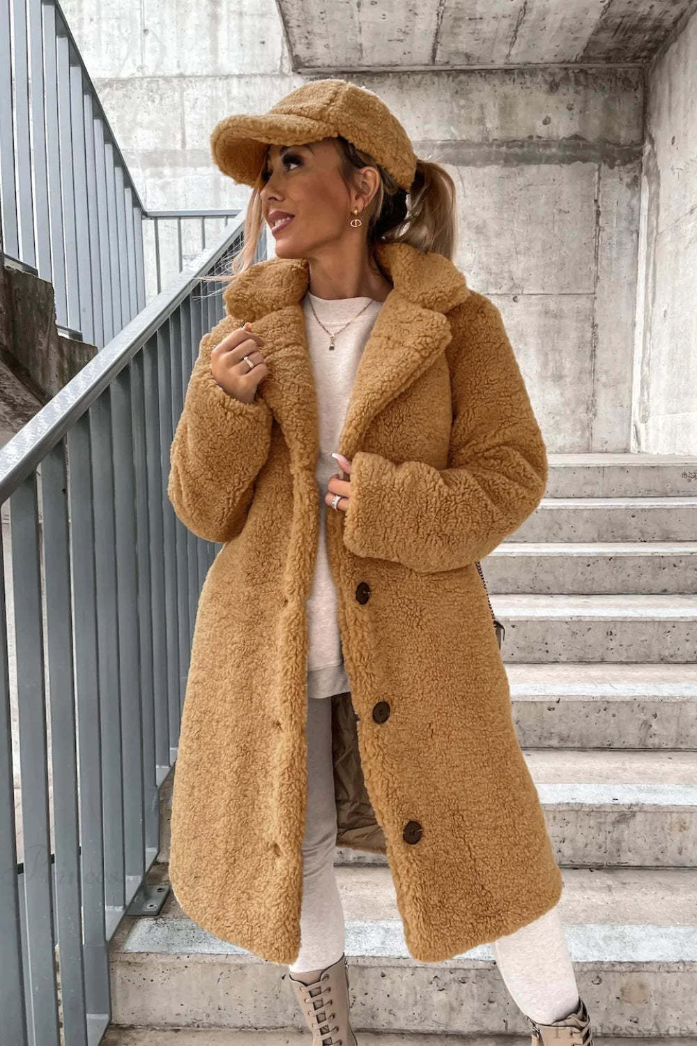 Solid Warm Faux Fur Lapel Overcoat Khaki / S