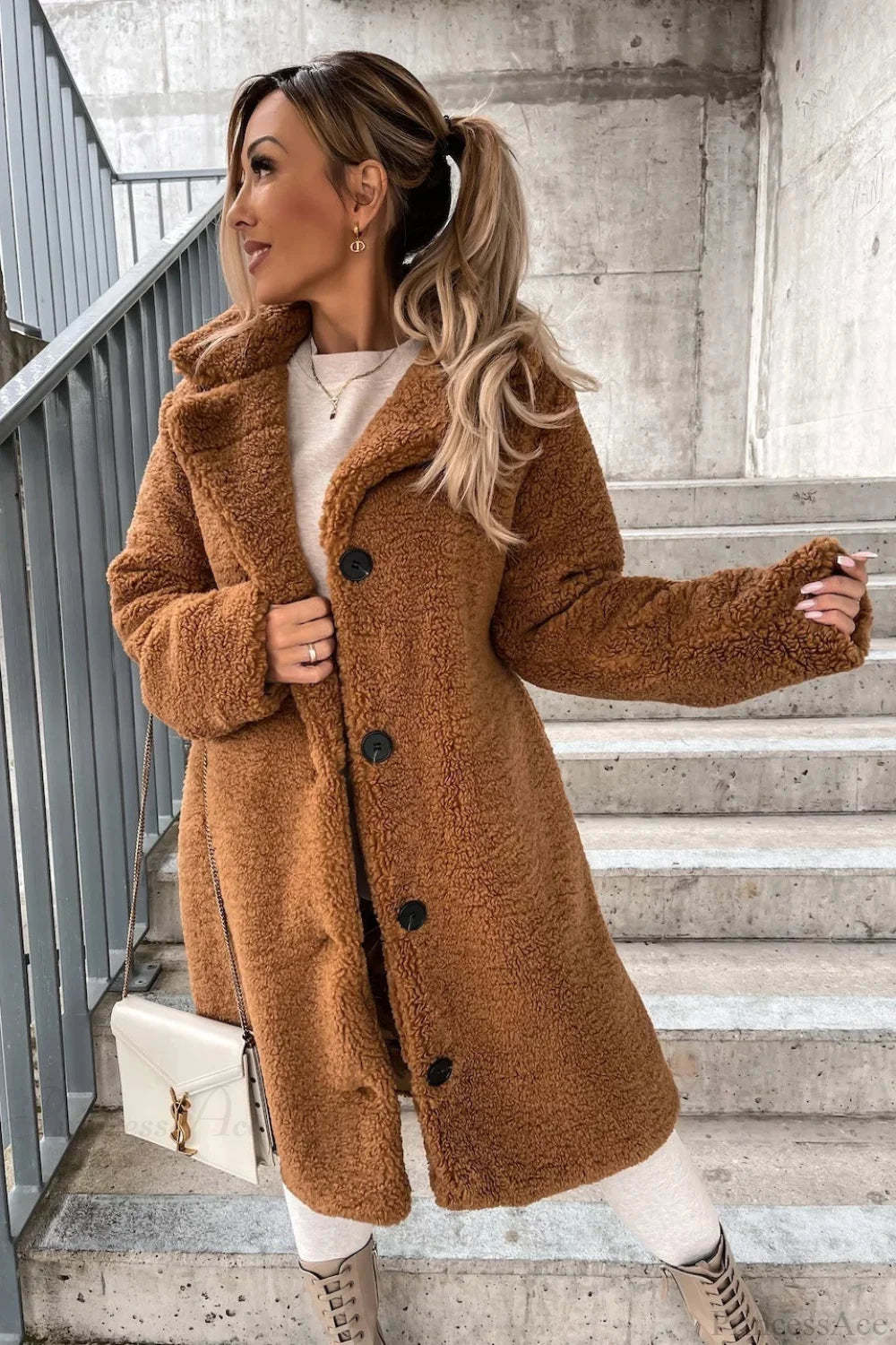 Solid Warm Faux Fur Lapel Overcoat Light brown / S