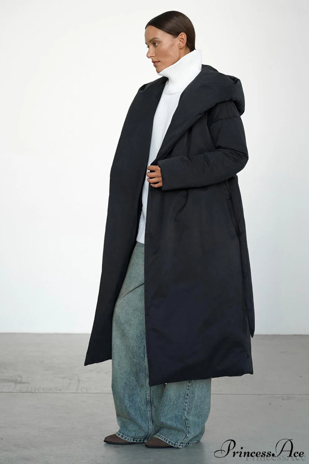 Solid Warm Long Hooded Belted Cotton Puffer Overcoat