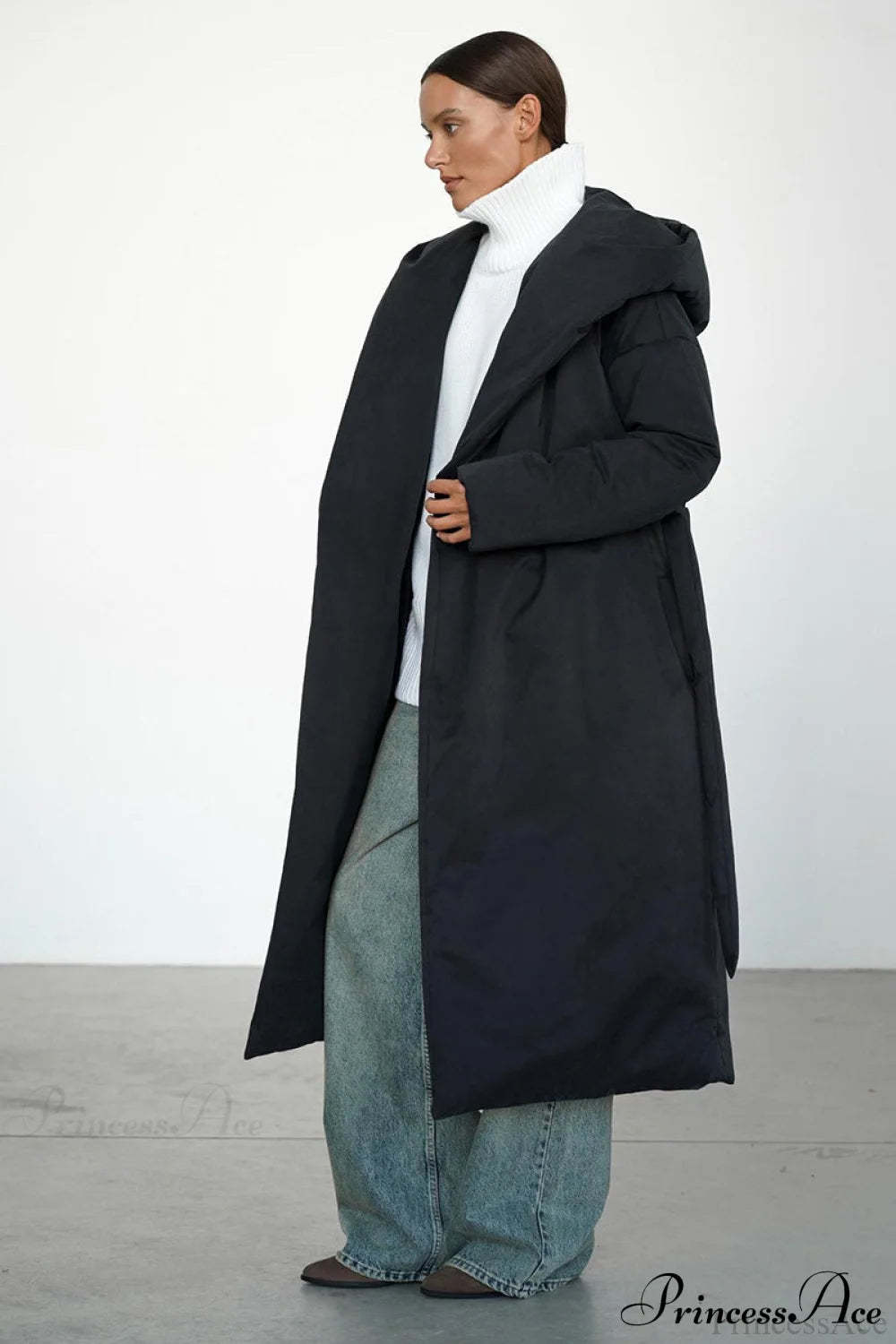 Solid Warm Long Hooded Belted Cotton Puffer Overcoat