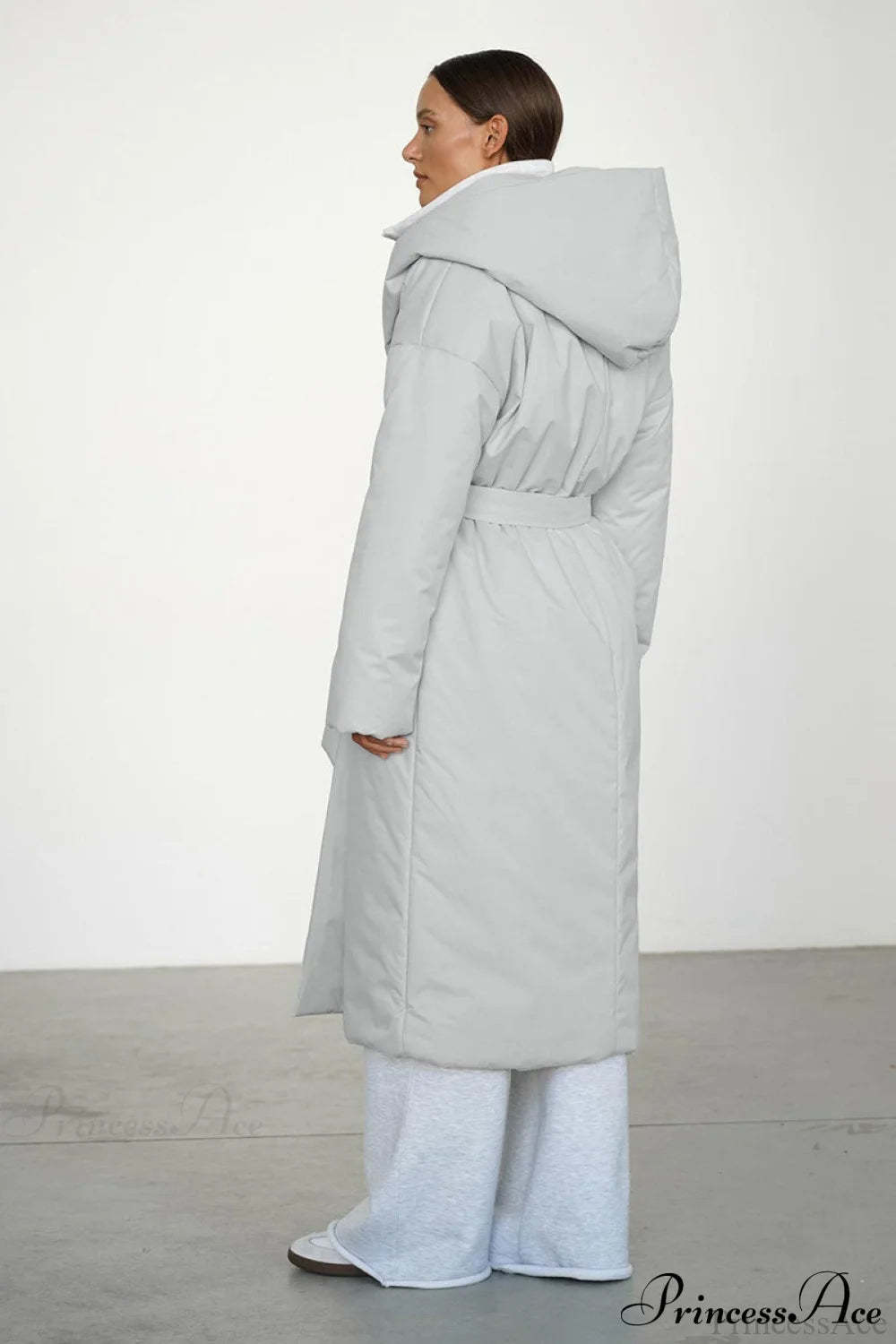 Solid Warm Long Hooded Belted Cotton Puffer Overcoat