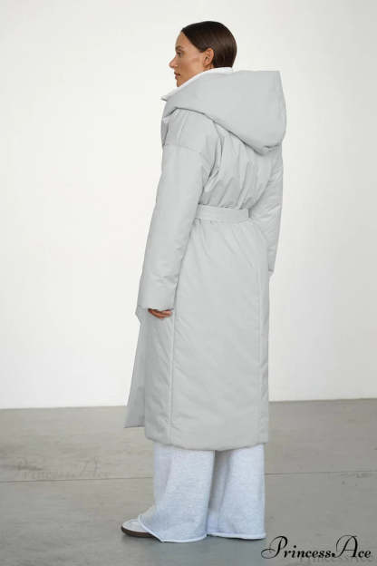 Solid Warm Long Hooded Belted Cotton Puffer Overcoat