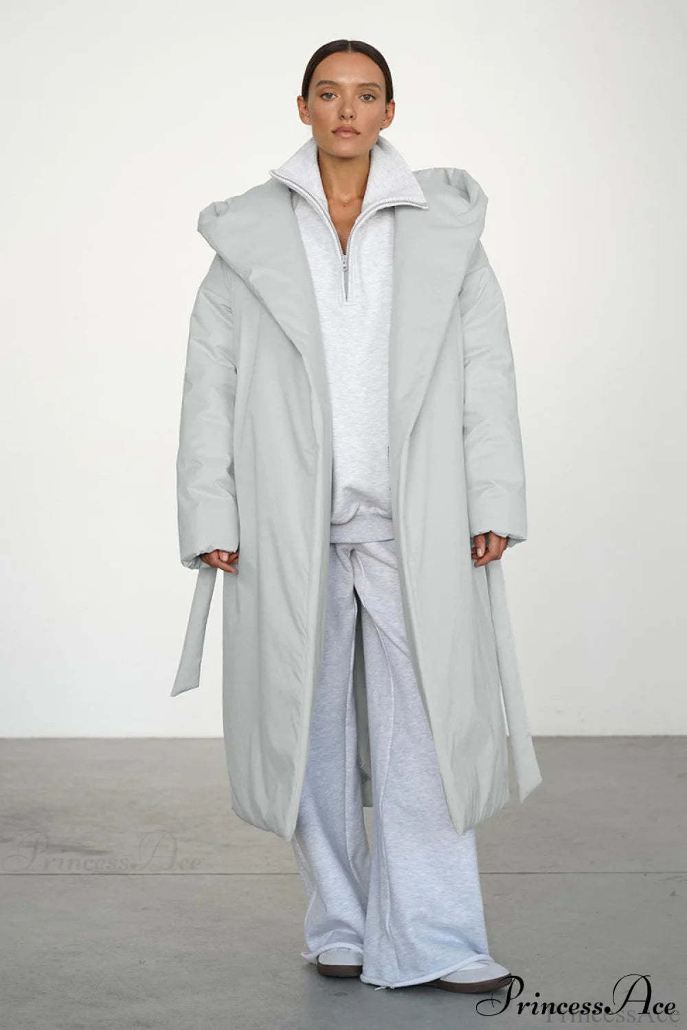 Solid Warm Long Hooded Belted Cotton Puffer Overcoat