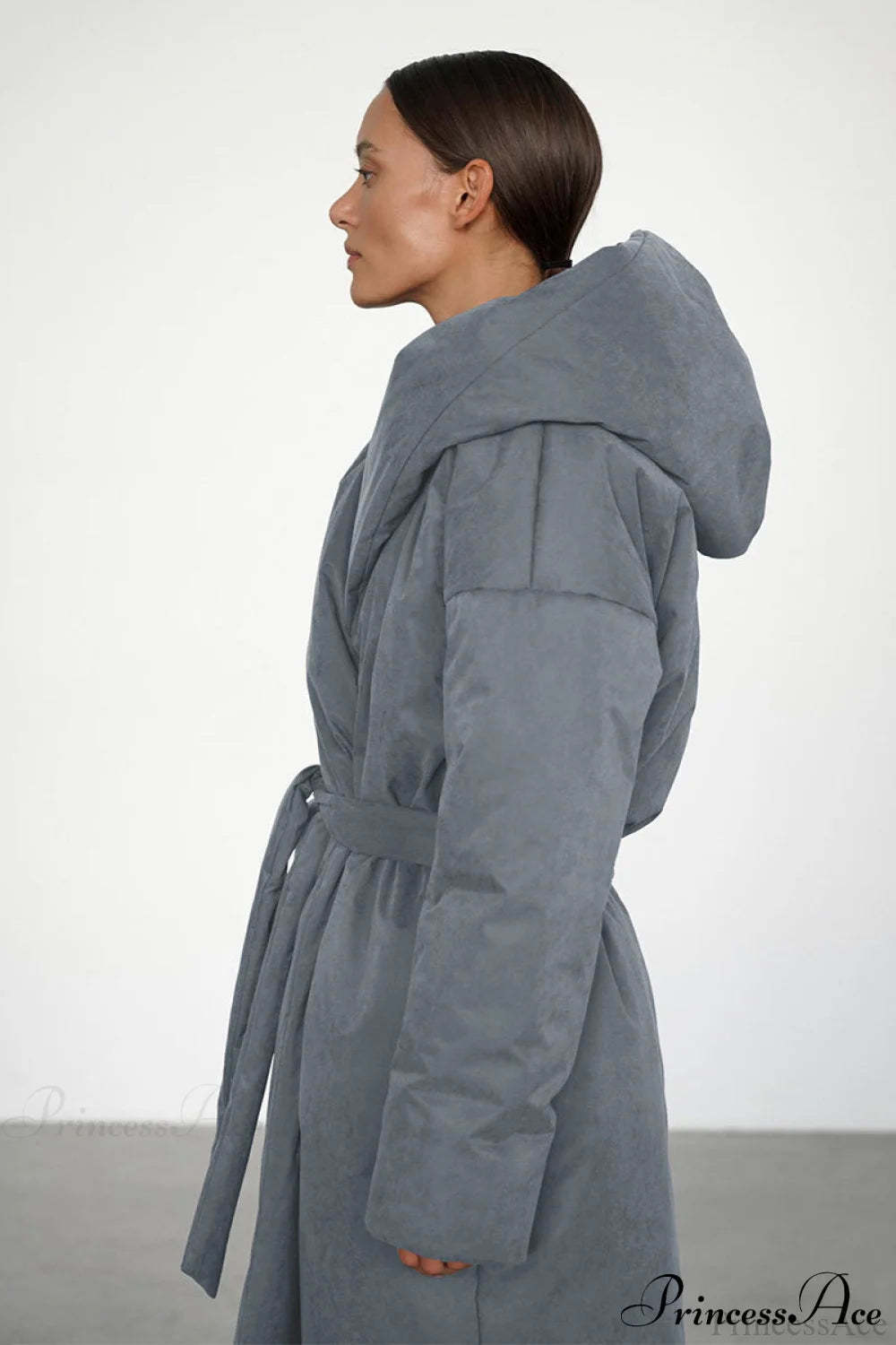 Solid Warm Long Hooded Belted Cotton Puffer Overcoat