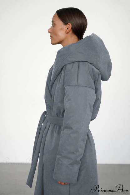 Solid Warm Long Hooded Belted Cotton Puffer Overcoat
