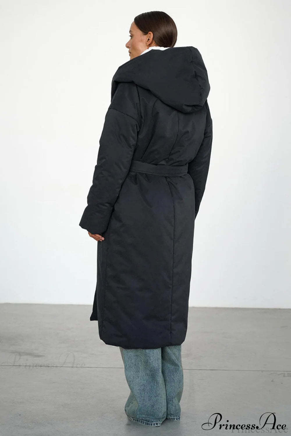Solid Warm Long Hooded Belted Cotton Puffer Overcoat