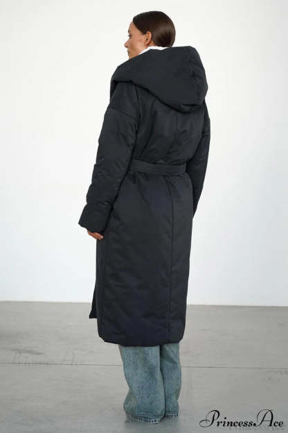 Solid Warm Long Hooded Belted Cotton Puffer Overcoat
